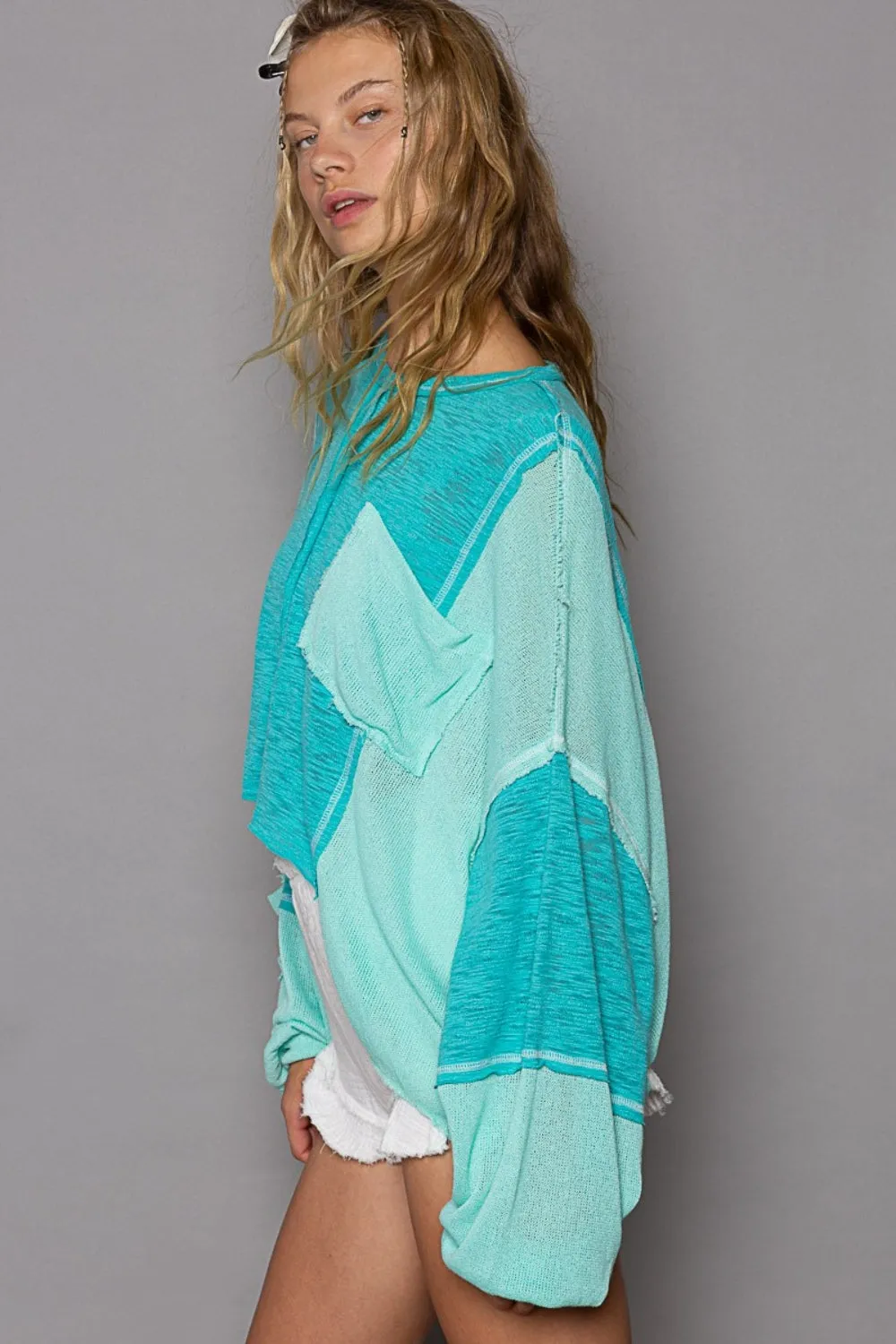 Round Neck Contrast High-Low Top by POL
