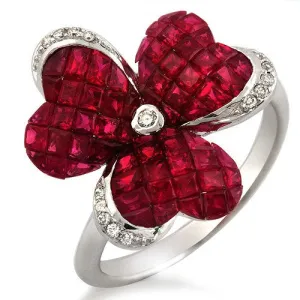 Ruby & Diamond accented in Flower Design Ring, 18k White Gold