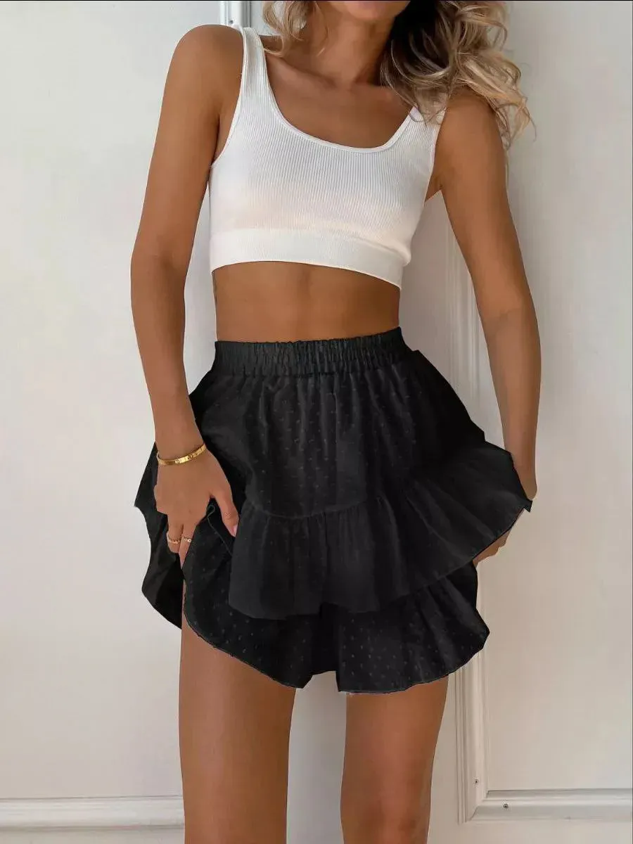 Ruffled Cotton Mini Skirt Shorts | High Waist Polka Dot Feminine Style in White & Black