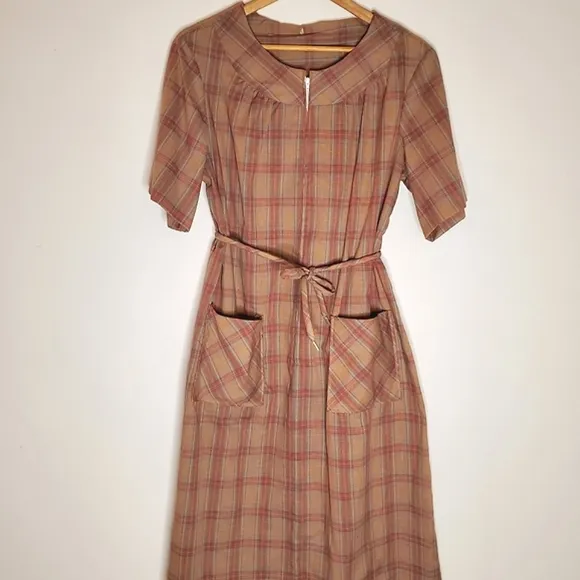 Rustic Raven Western Burnt Brown Plaid Casual Dress with Front Pockets