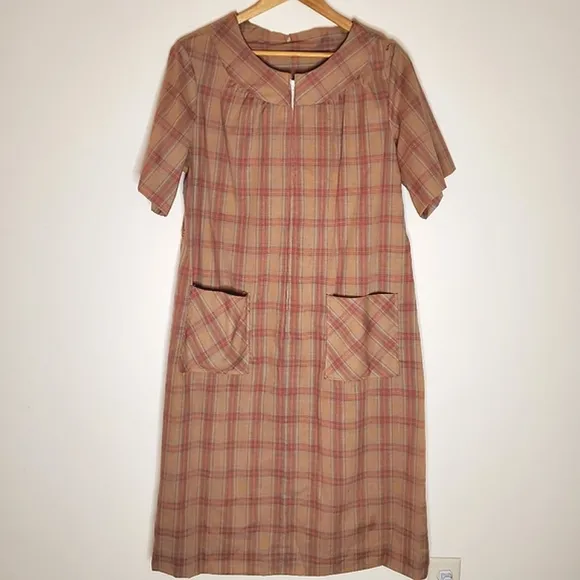 Rustic Raven Western Burnt Brown Plaid Casual Dress with Front Pockets