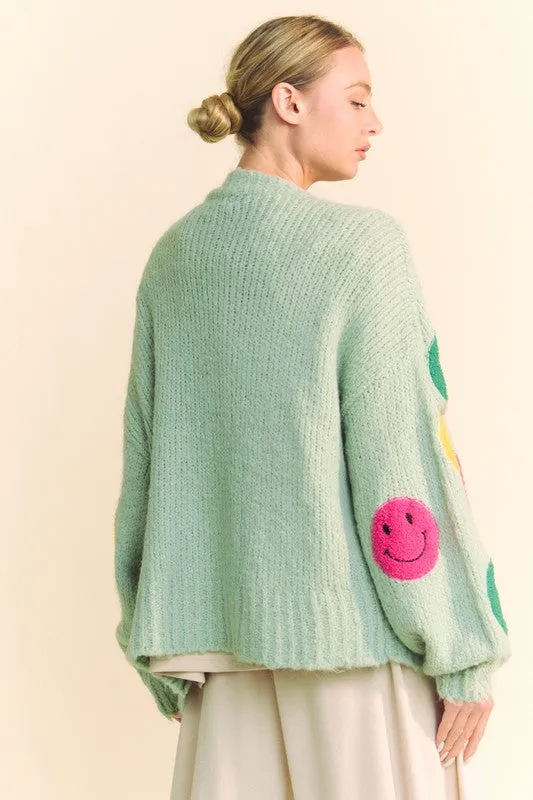 Sage Green Fuzzy Smile Open Front Long Sleeve Cardigan