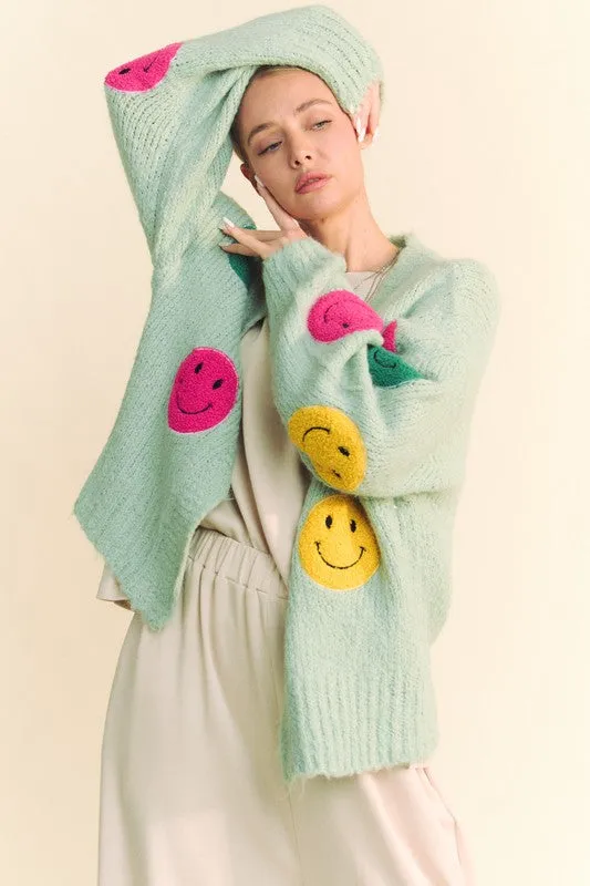 Sage Green Fuzzy Smile Open Front Long Sleeve Cardigan