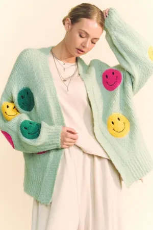 Sage Green Fuzzy Smile Open Front Long Sleeve Cardigan