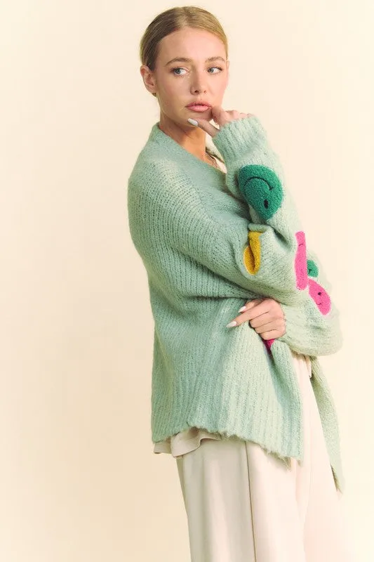 Sage Green Fuzzy Smile Open Front Long Sleeve Cardigan