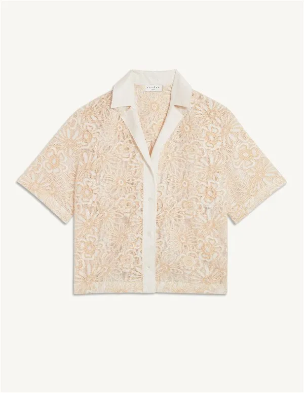 Sandro Daisy Floral Mesh Short Sleeve Shirt In Ecru Yellow SIZE 3 UK 12