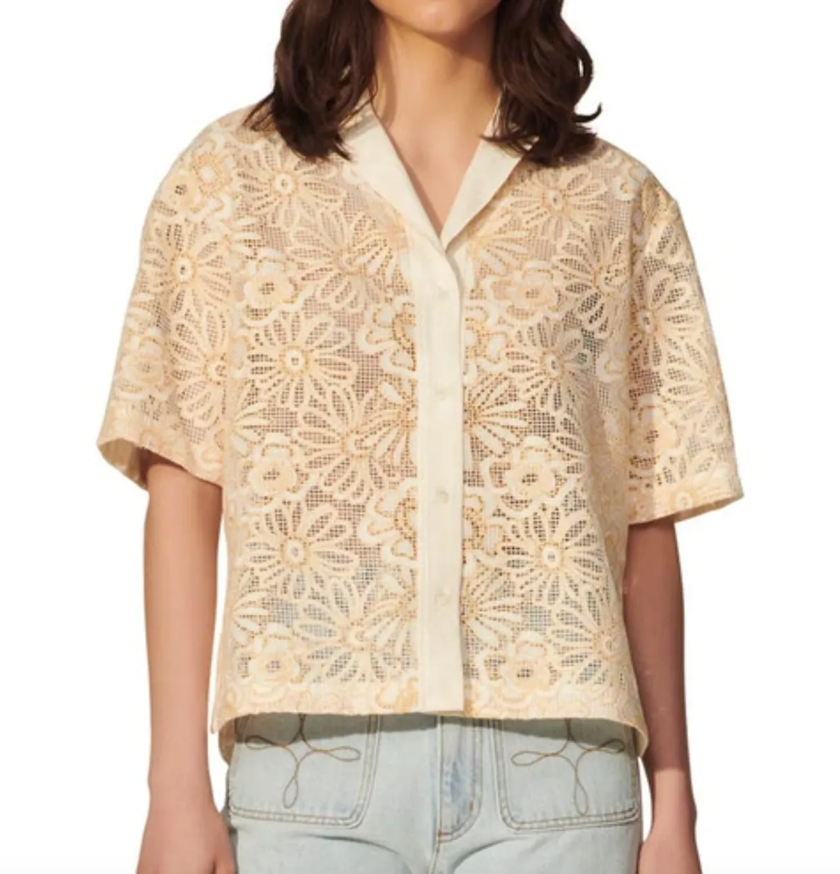 Sandro Daisy Floral Mesh Short Sleeve Shirt In Ecru Yellow SIZE 3 UK 12