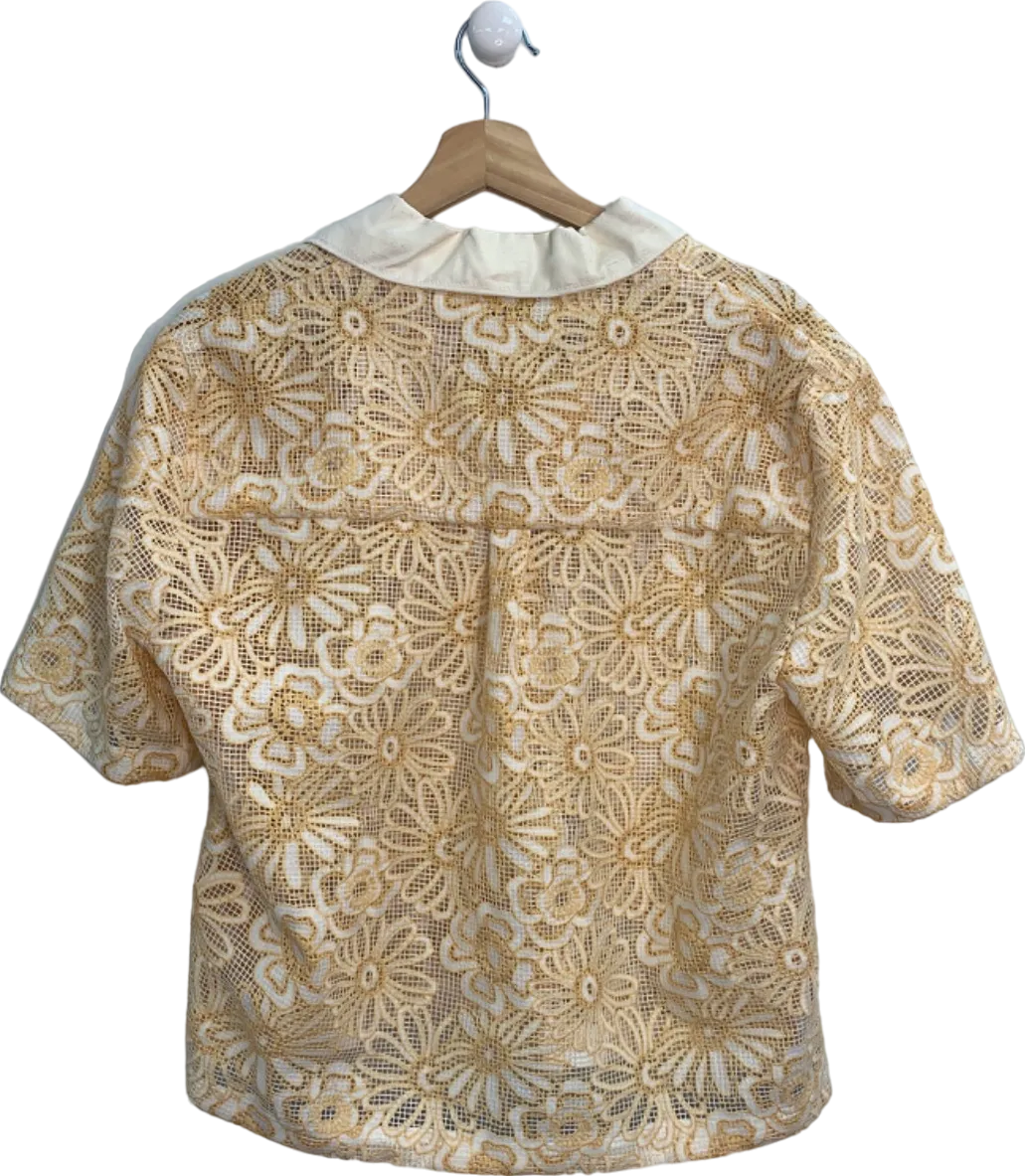 Sandro Daisy Floral Mesh Short Sleeve Shirt In Ecru Yellow SIZE 3 UK 12