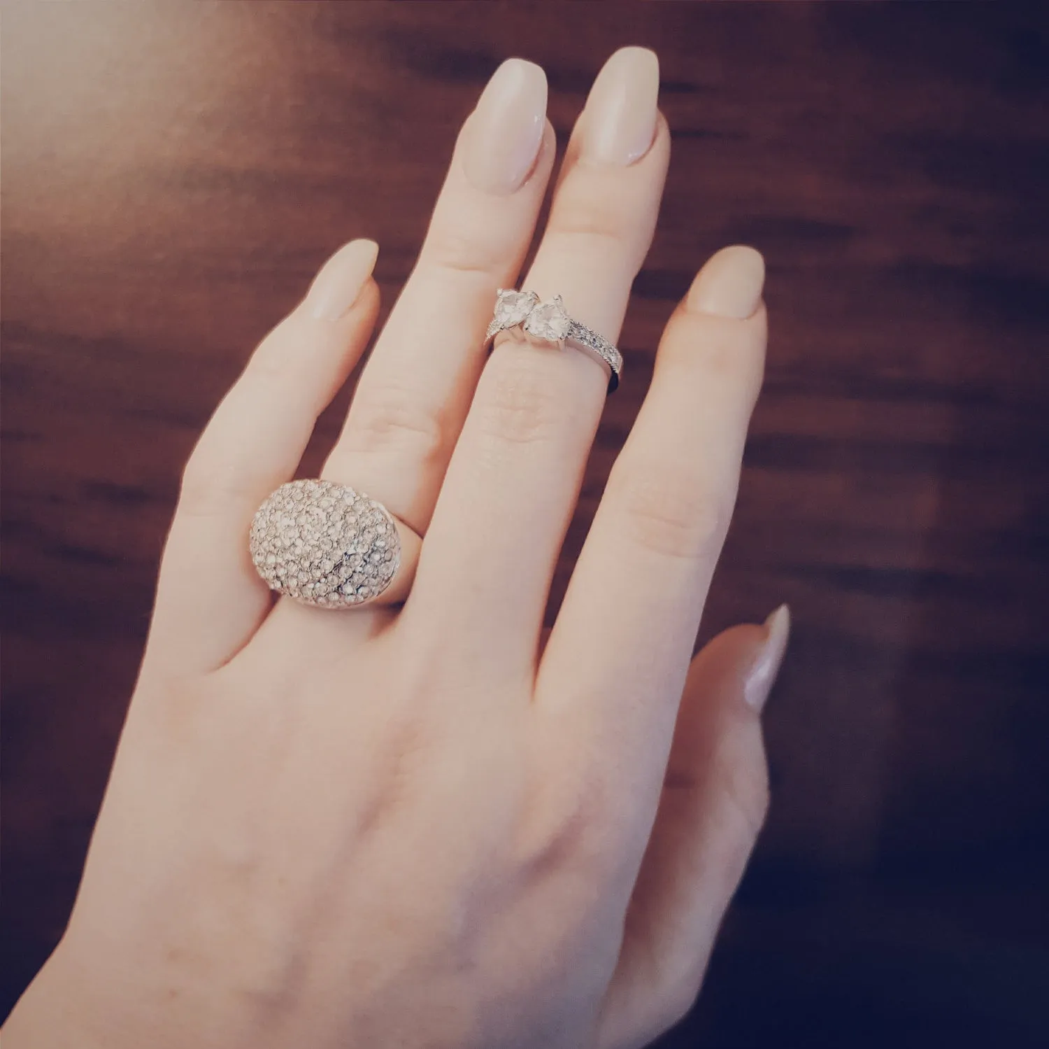 Silver Tone Dome Statement Ring with Pave Rhinestones