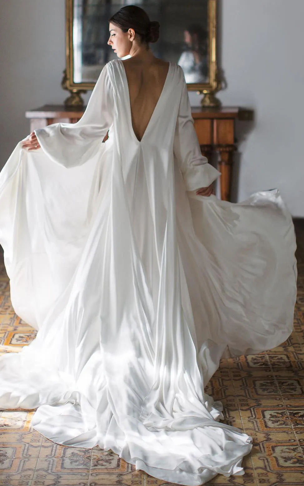 Simple A-Line Charmeuse Wedding Dress With Low-V Back And V-neck-716612