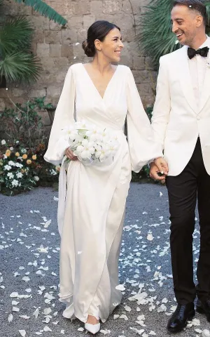 Simple A-Line Charmeuse Wedding Dress With Low-V Back And V-neck-716612