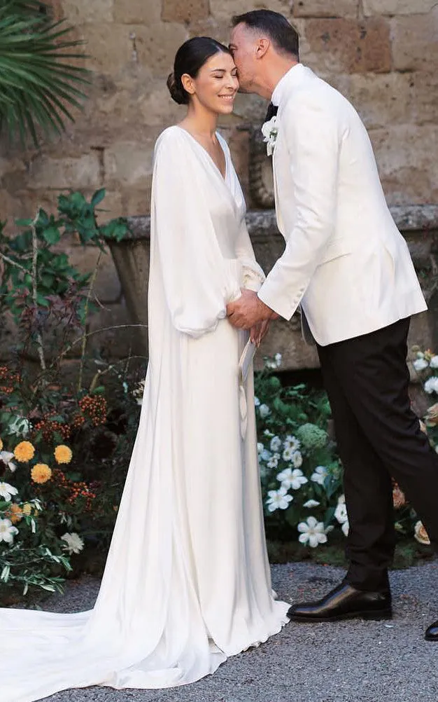 Simple A-Line Charmeuse Wedding Dress With Low-V Back And V-neck-716612