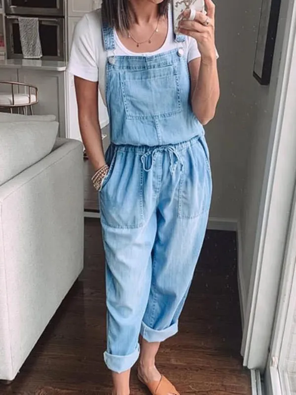 Simple Casual Drawstring Denim Overall