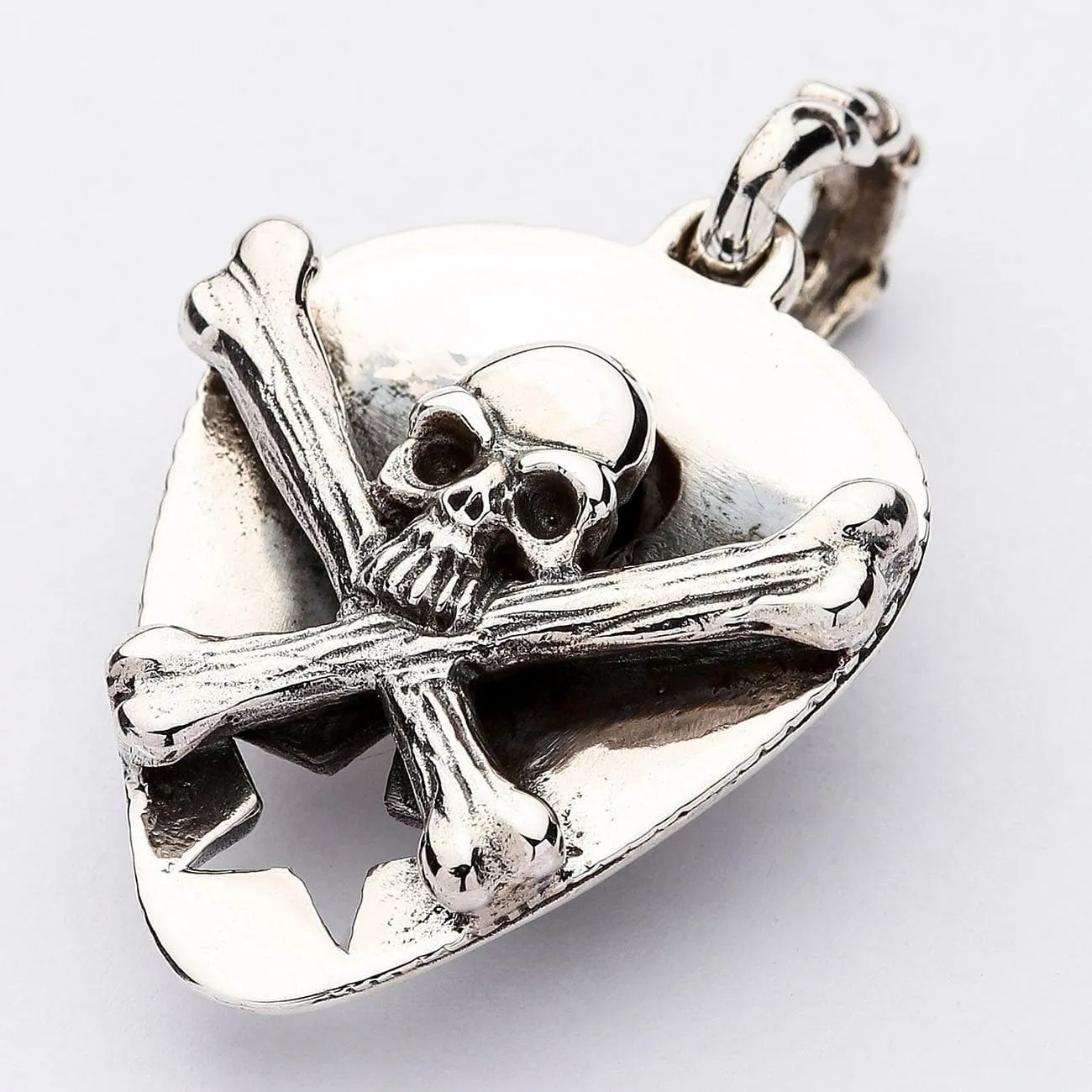Skull Crossbones Guitar Pick Holder Sterling Silver Pendant Necklace