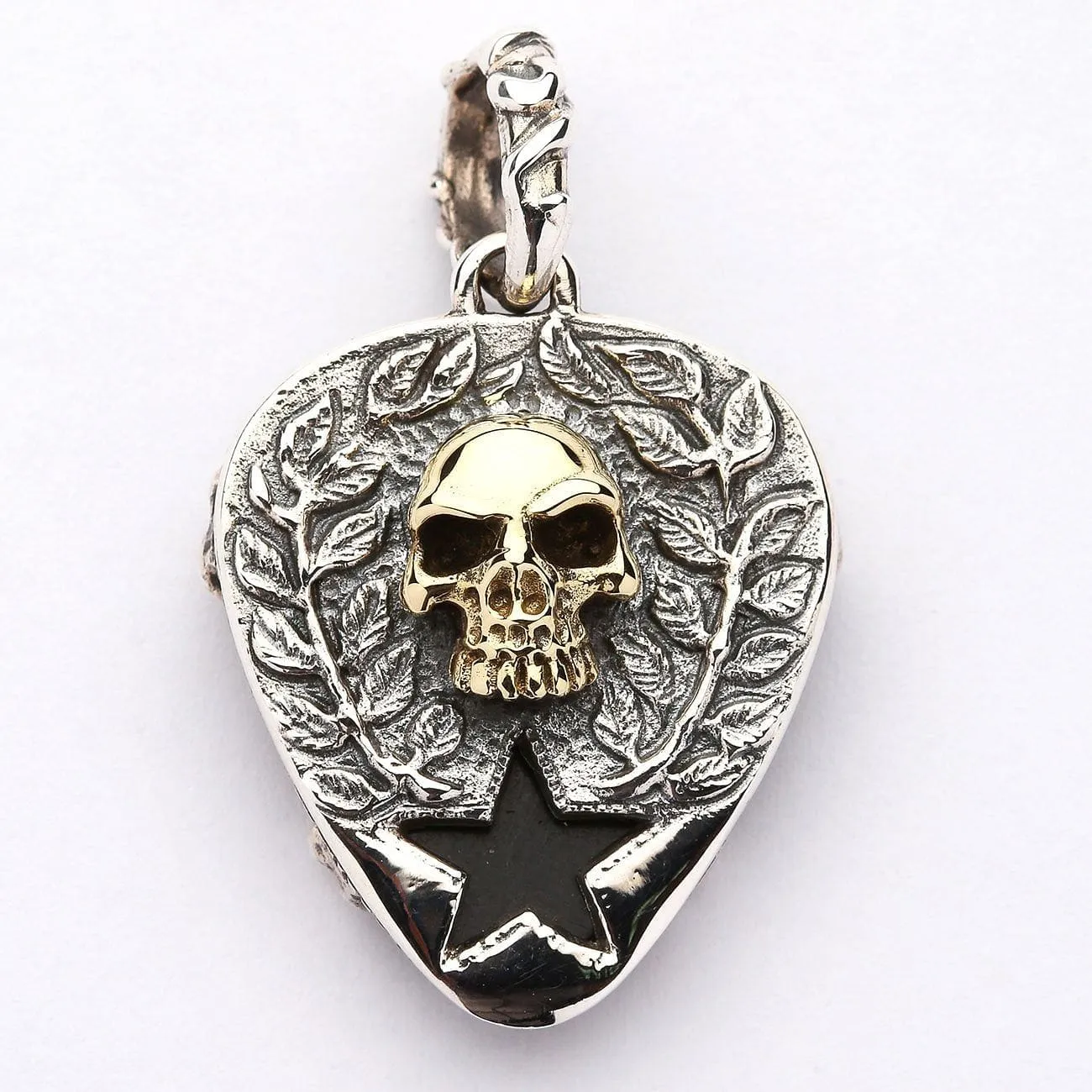Skull Crossbones Guitar Pick Holder Sterling Silver Pendant Necklace