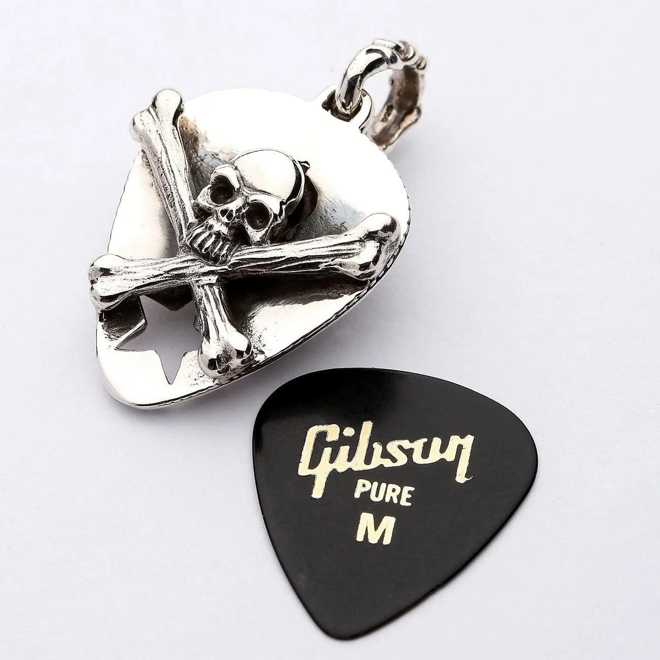 Skull Crossbones Guitar Pick Holder Sterling Silver Pendant Necklace