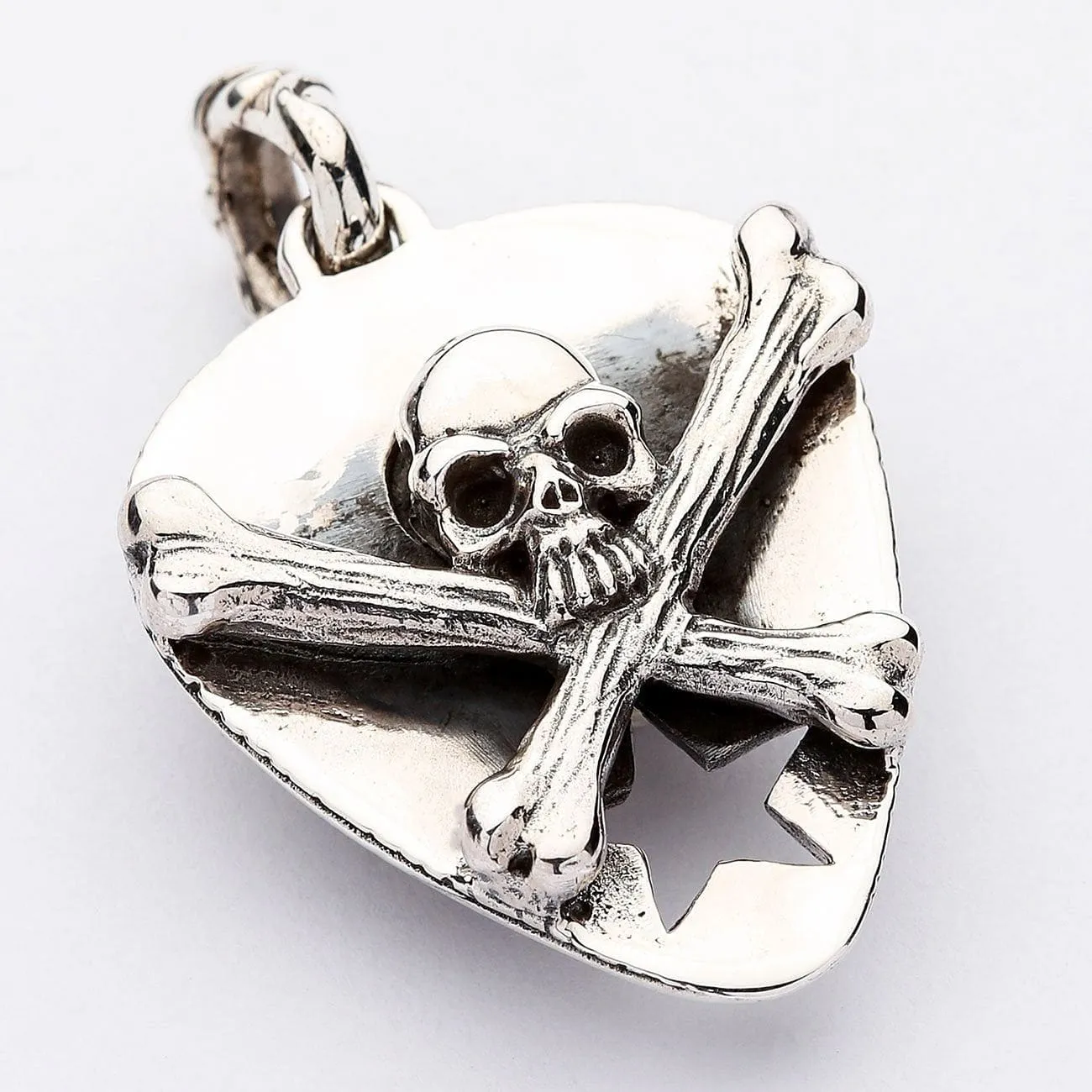Skull Crossbones Guitar Pick Holder Sterling Silver Pendant Necklace