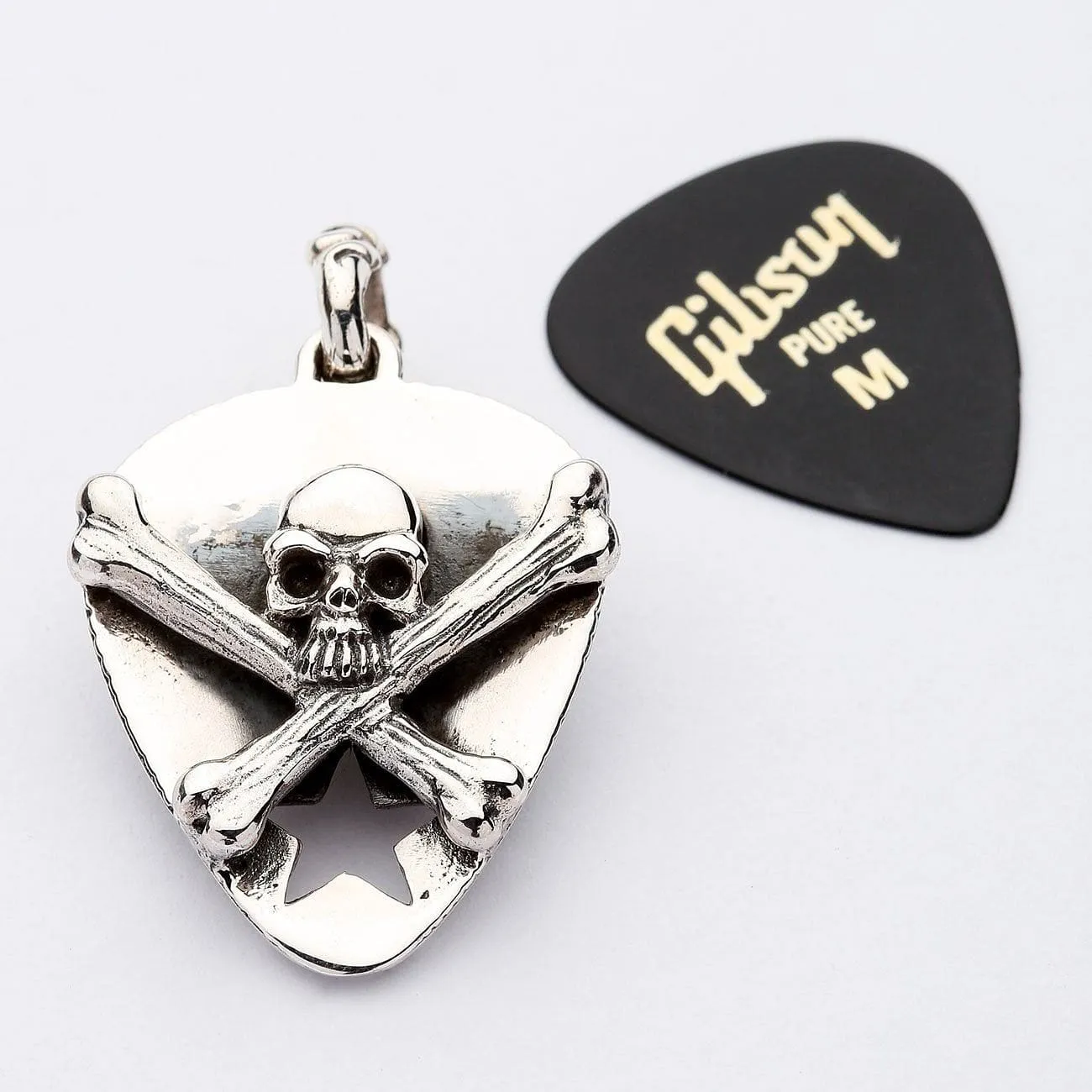 Skull Crossbones Guitar Pick Holder Sterling Silver Pendant Necklace