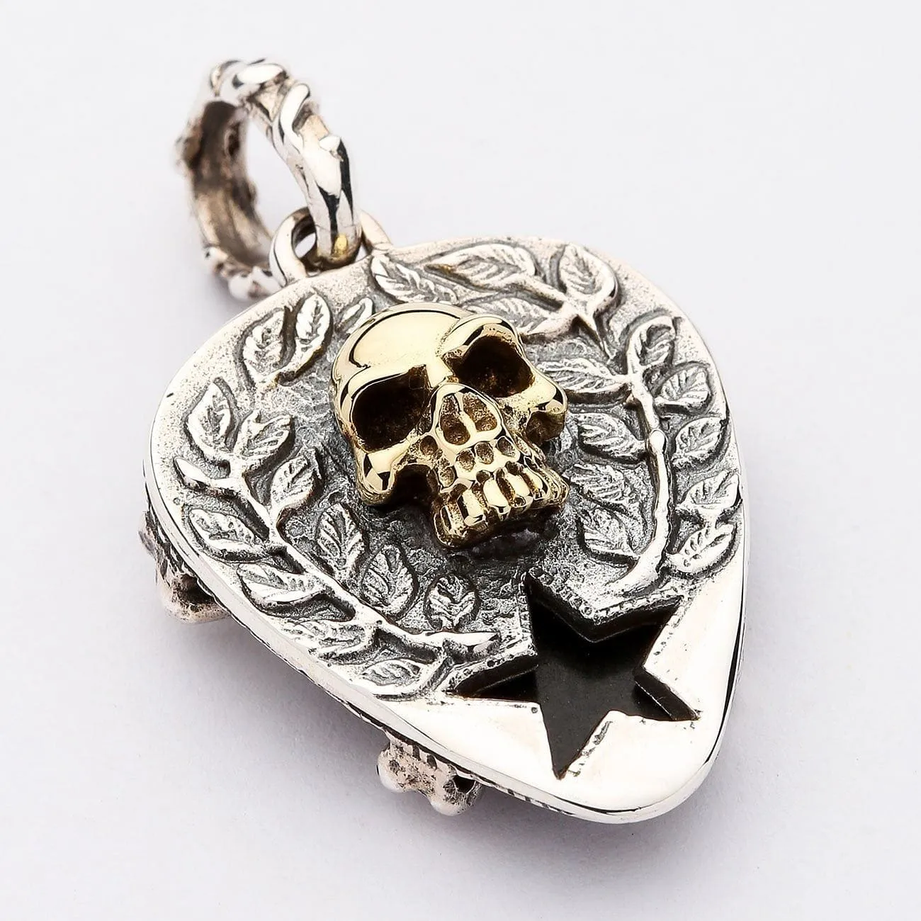 Skull Crossbones Guitar Pick Holder Sterling Silver Pendant Necklace
