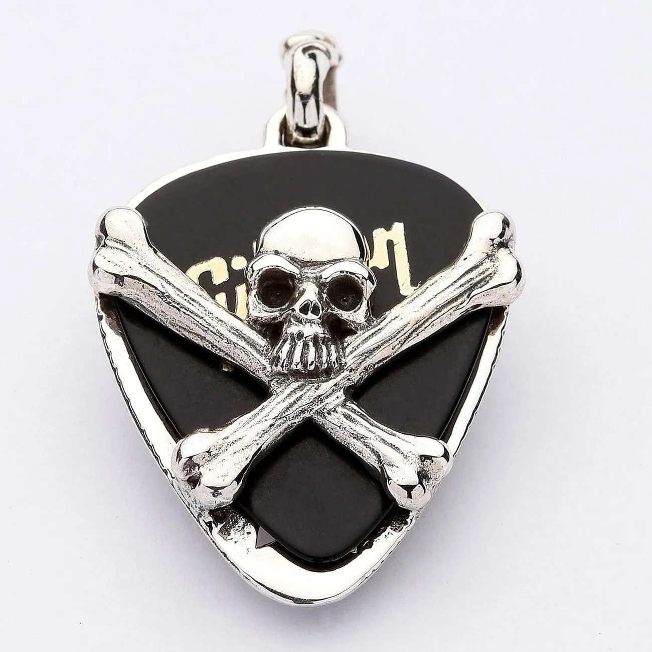 Skull Crossbones Guitar Pick Holder Sterling Silver Pendant Necklace