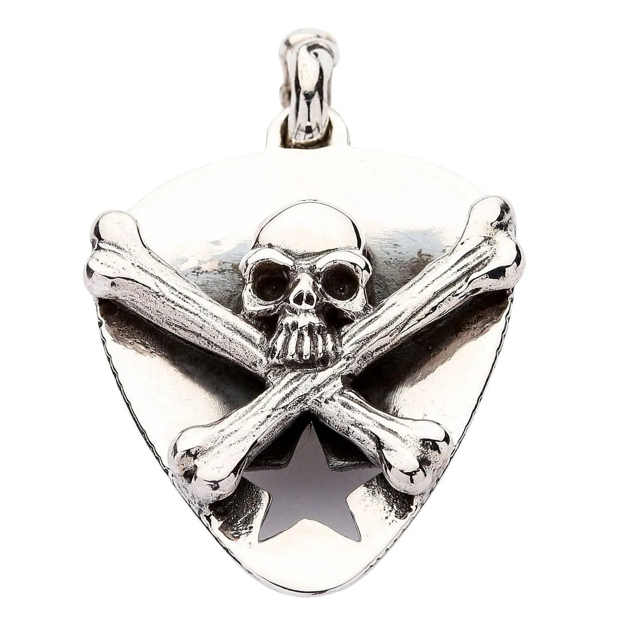 Skull Crossbones Guitar Pick Holder Sterling Silver Pendant Necklace