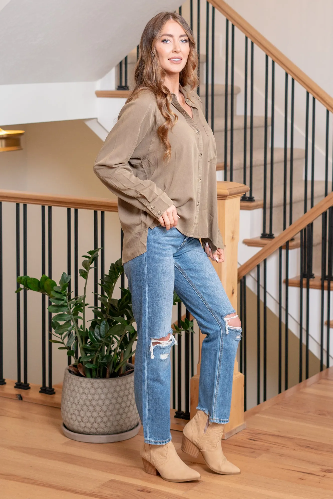 Snow Wash Effect Oversized Button Down Shirt - Olive
