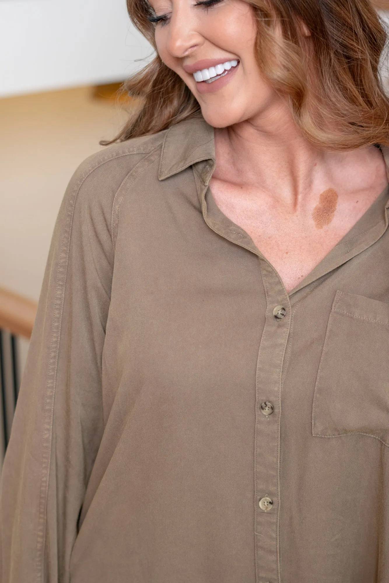 Snow Wash Effect Oversized Button Down Shirt - Olive