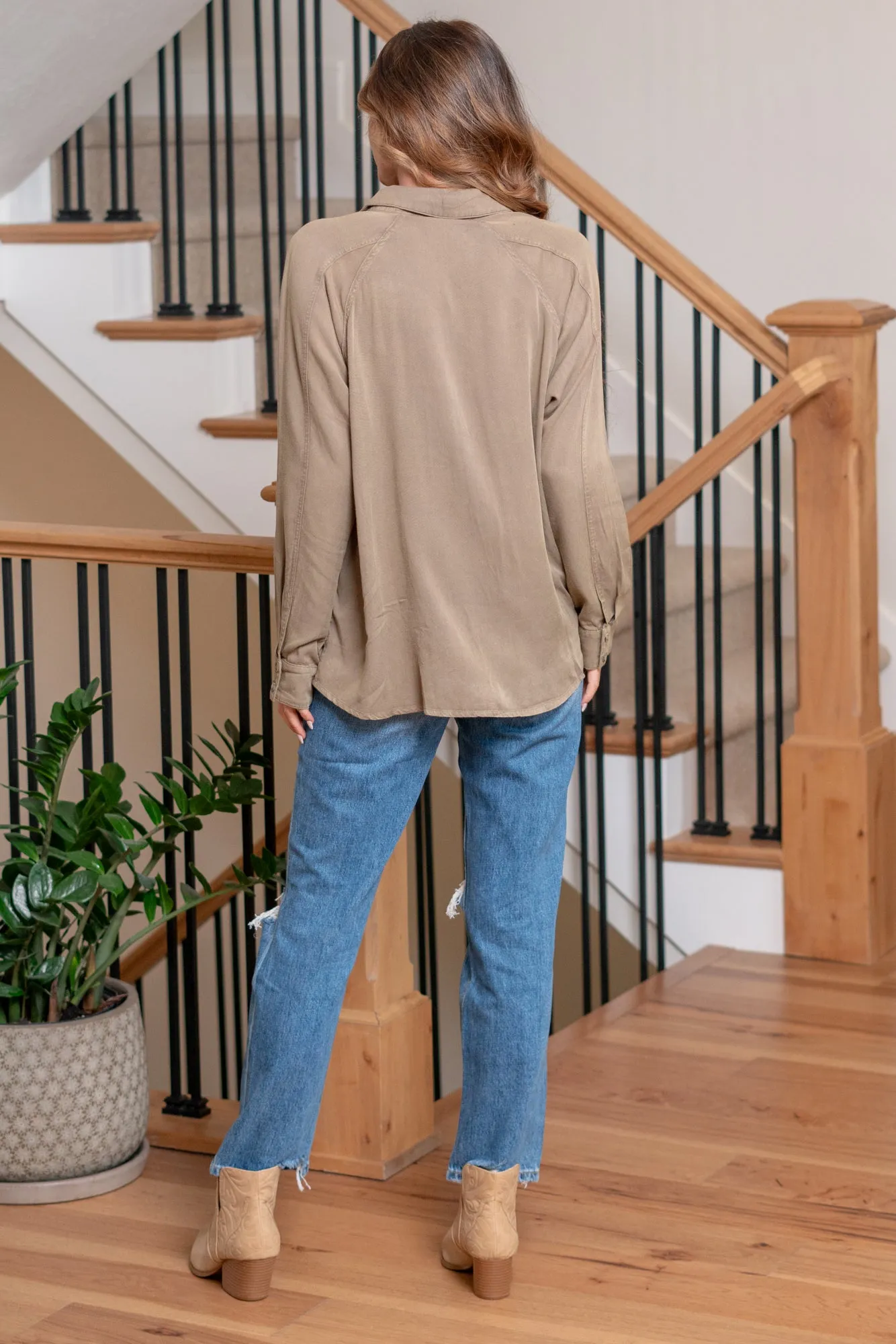 Snow Wash Effect Oversized Button Down Shirt - Olive