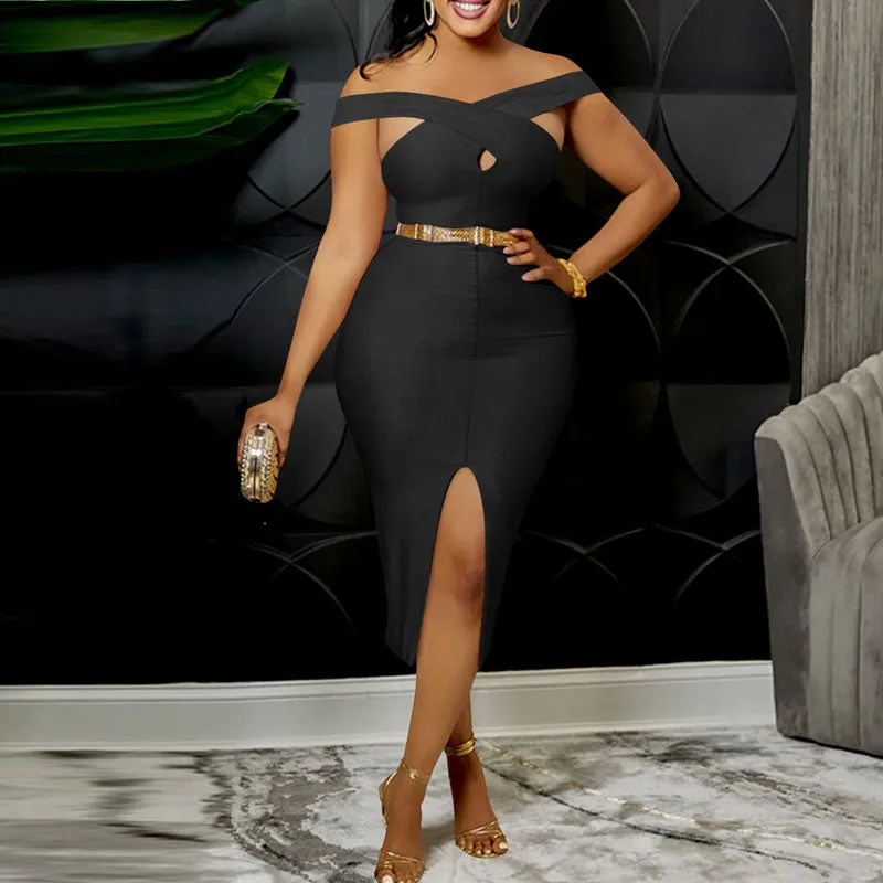 Solid Off Shoulder Sleeveless Slit Midi Dress Without Belt