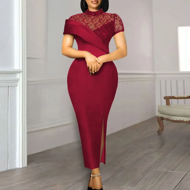 Solid Short Sleeve Lace Patchwork High Slit Maxi Dress