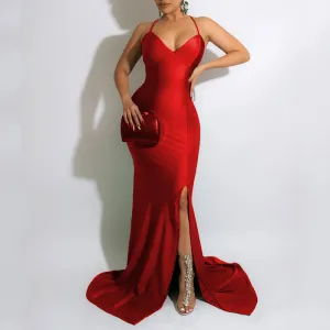 Solid Sleeveless Bandage High Slit Floor-Length Dress