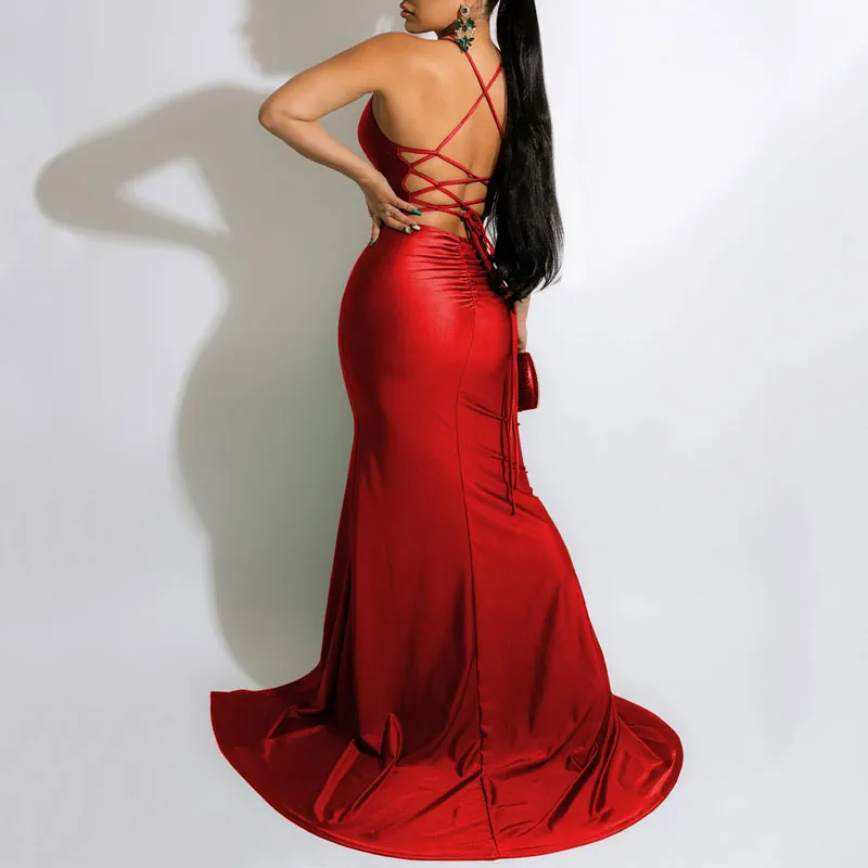 Solid Sleeveless Bandage High Slit Floor-Length Dress