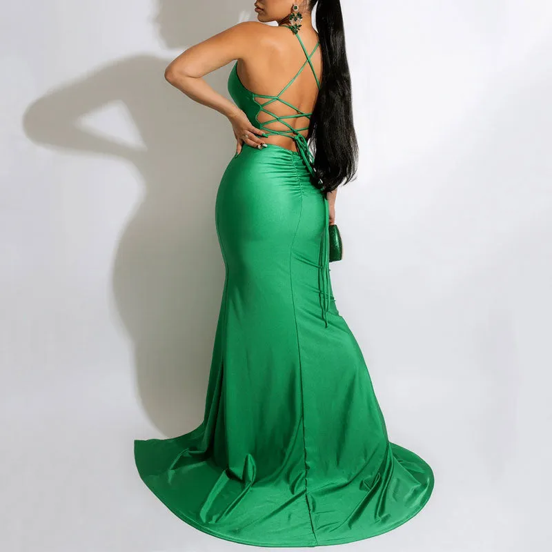 Solid Sleeveless Bandage High Slit Floor-Length Dress