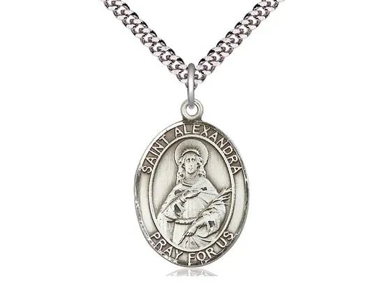 Sterling Silver St Alexandra Pendant on a 24 inch Light Rhodium Heavy Curb Chain.