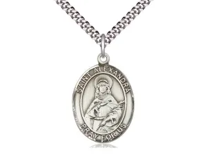 Sterling Silver St Alexandra Pendant on a 24 inch Light Rhodium Heavy Curb Chain.