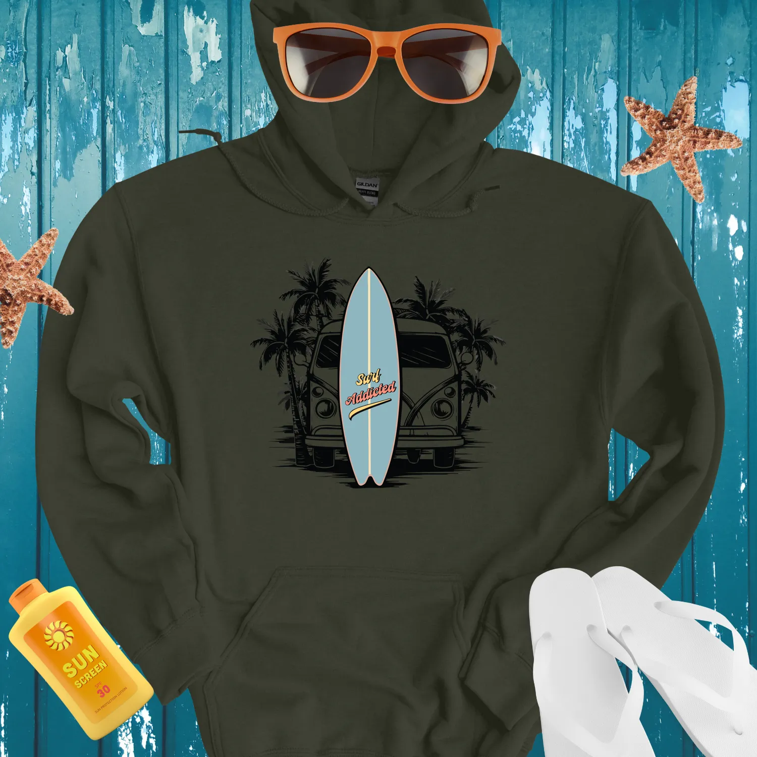 Surf Addicted Retro Surfboard Design Hoodie