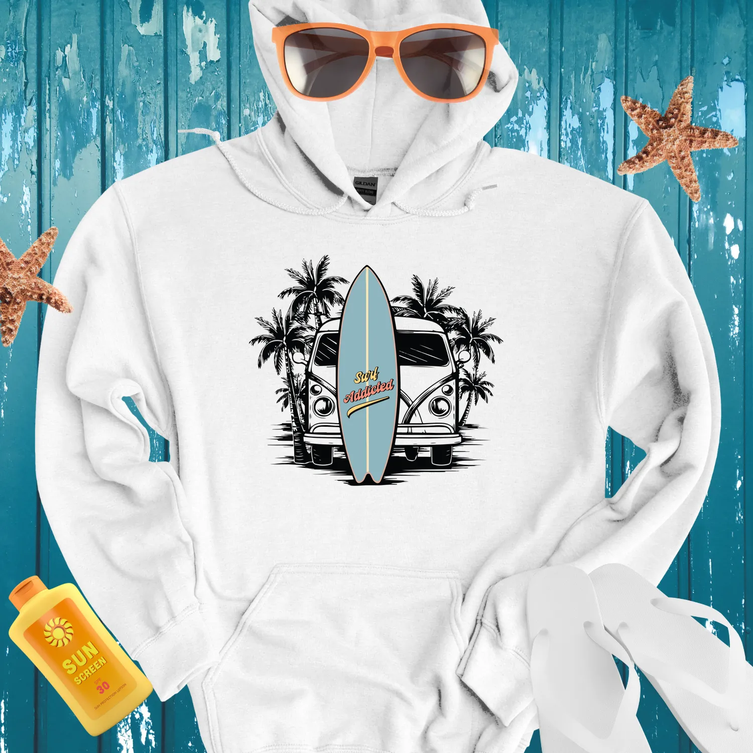 Surf Addicted Retro Surfboard Design Hoodie