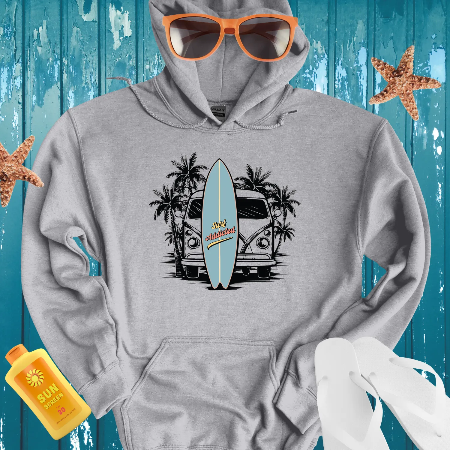 Surf Addicted Retro Surfboard Design Hoodie