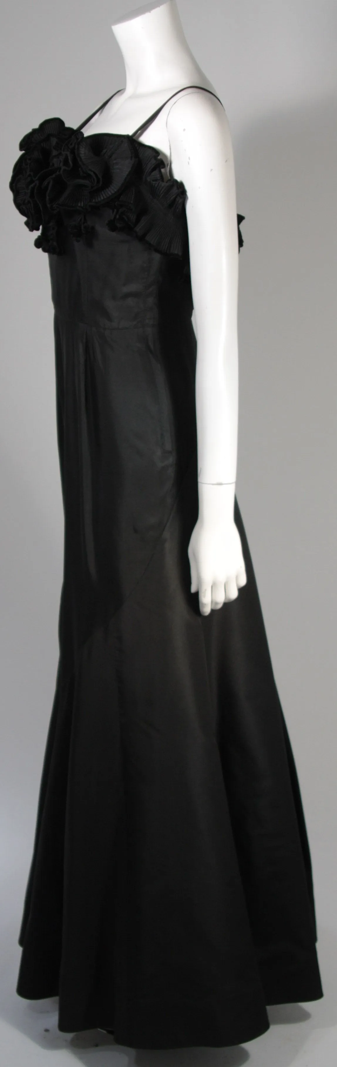 THERESE French Shop 1950s Three Dimensional Floral Bodice Black Silk Gown