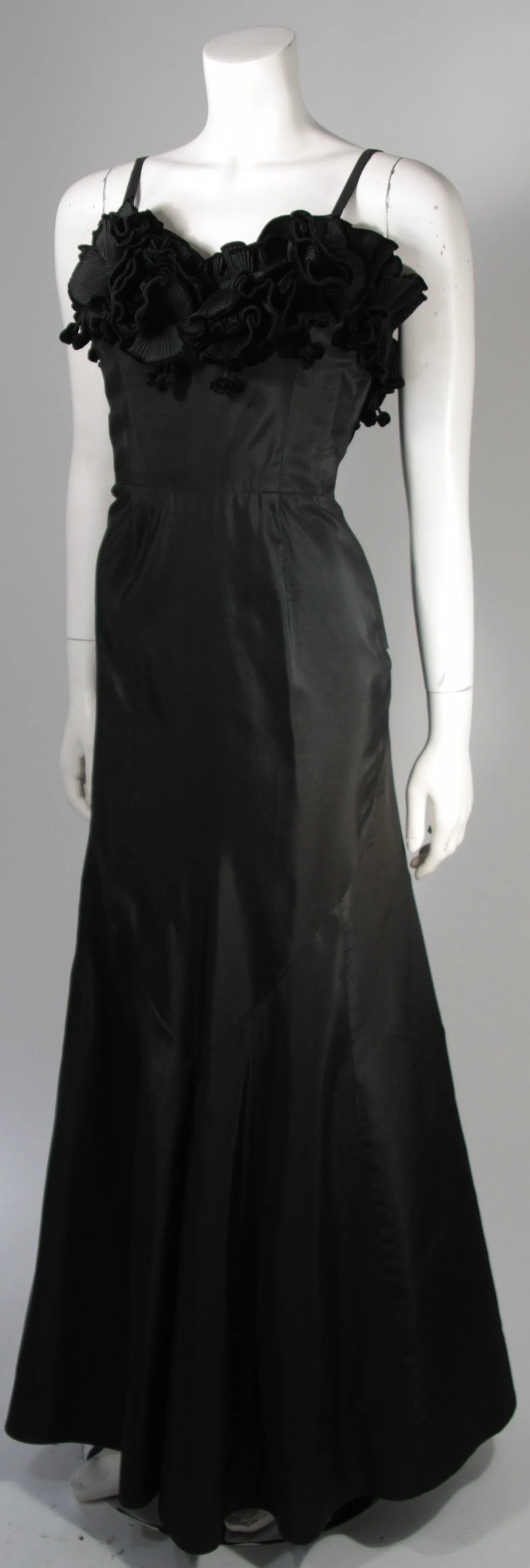 THERESE French Shop 1950s Three Dimensional Floral Bodice Black Silk Gown