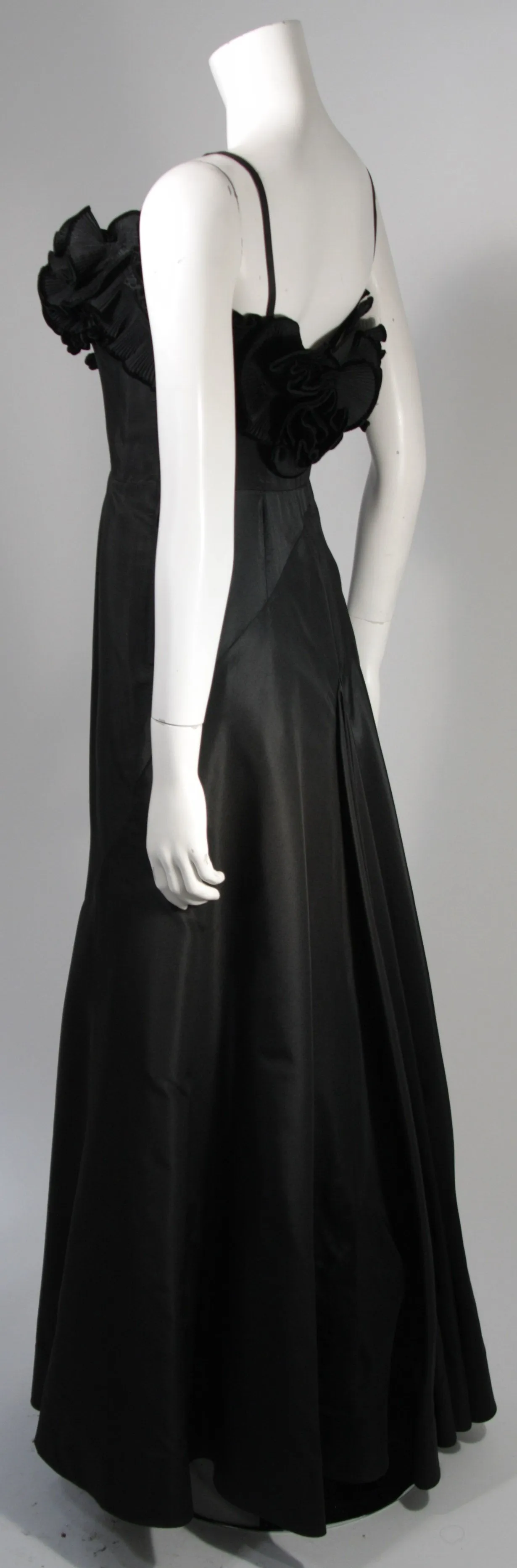 THERESE French Shop 1950s Three Dimensional Floral Bodice Black Silk Gown