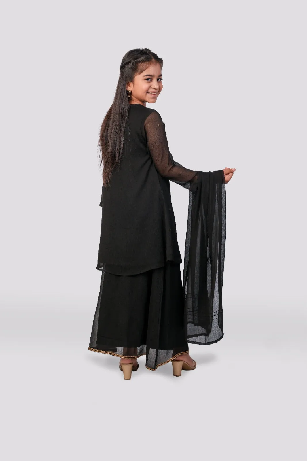 Timeless Noir - Black Angrakha Short Frock and Lengha 3-piece stitched