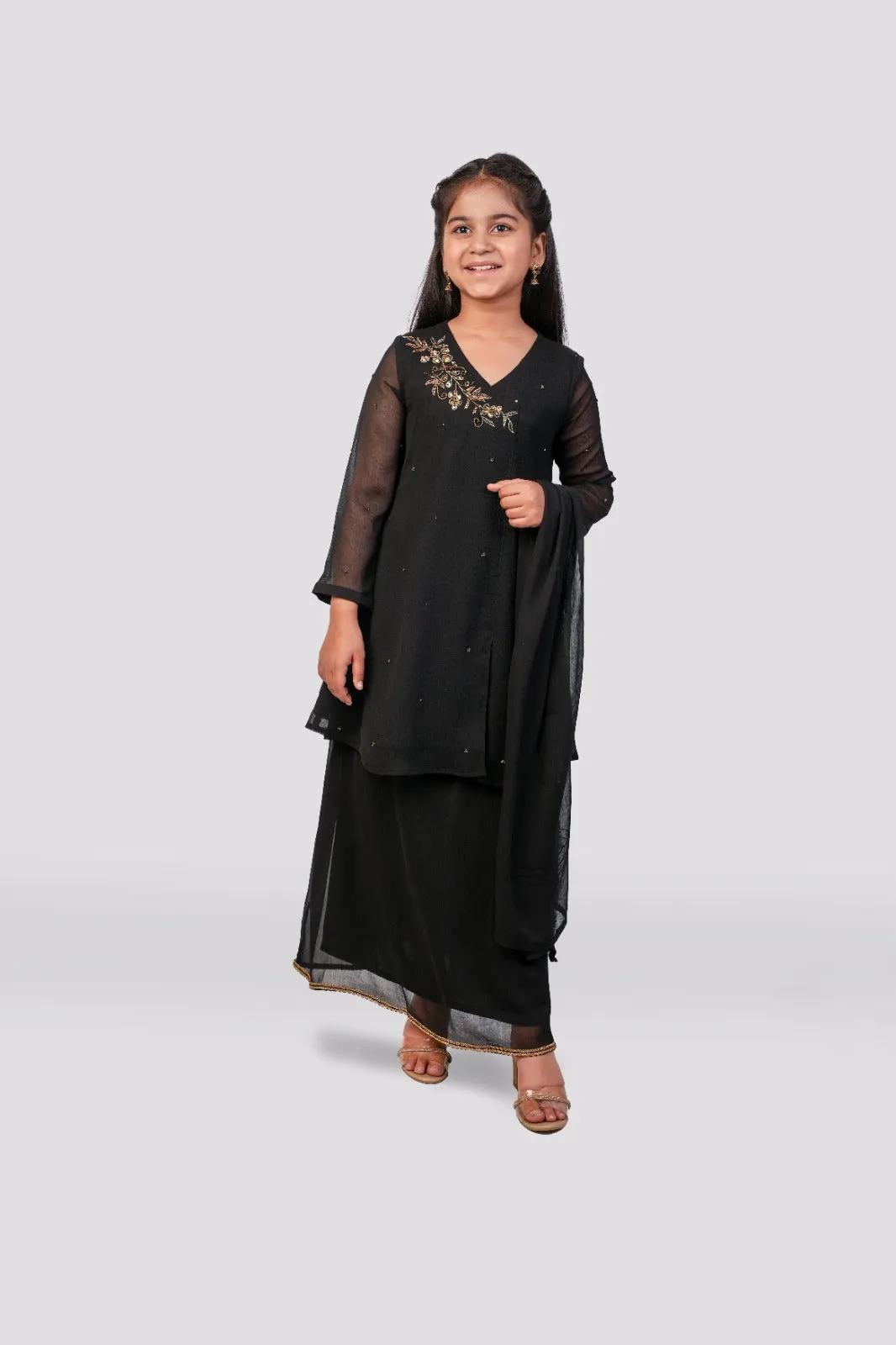 Timeless Noir - Black Angrakha Short Frock and Lengha 3-piece stitched