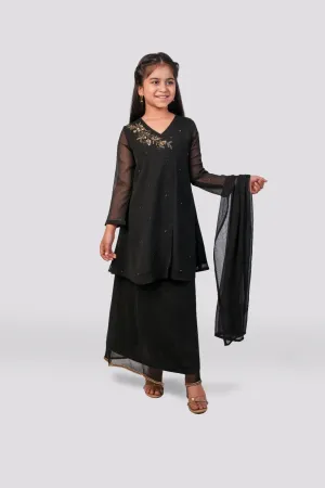 Timeless Noir - Black Angrakha Short Frock and Lengha 3-piece stitched