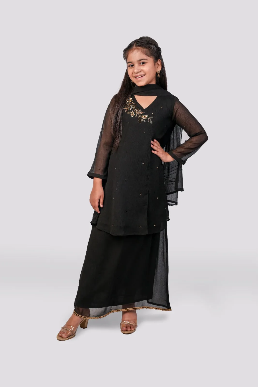 Timeless Noir - Black Angrakha Short Frock and Lengha 3-piece stitched