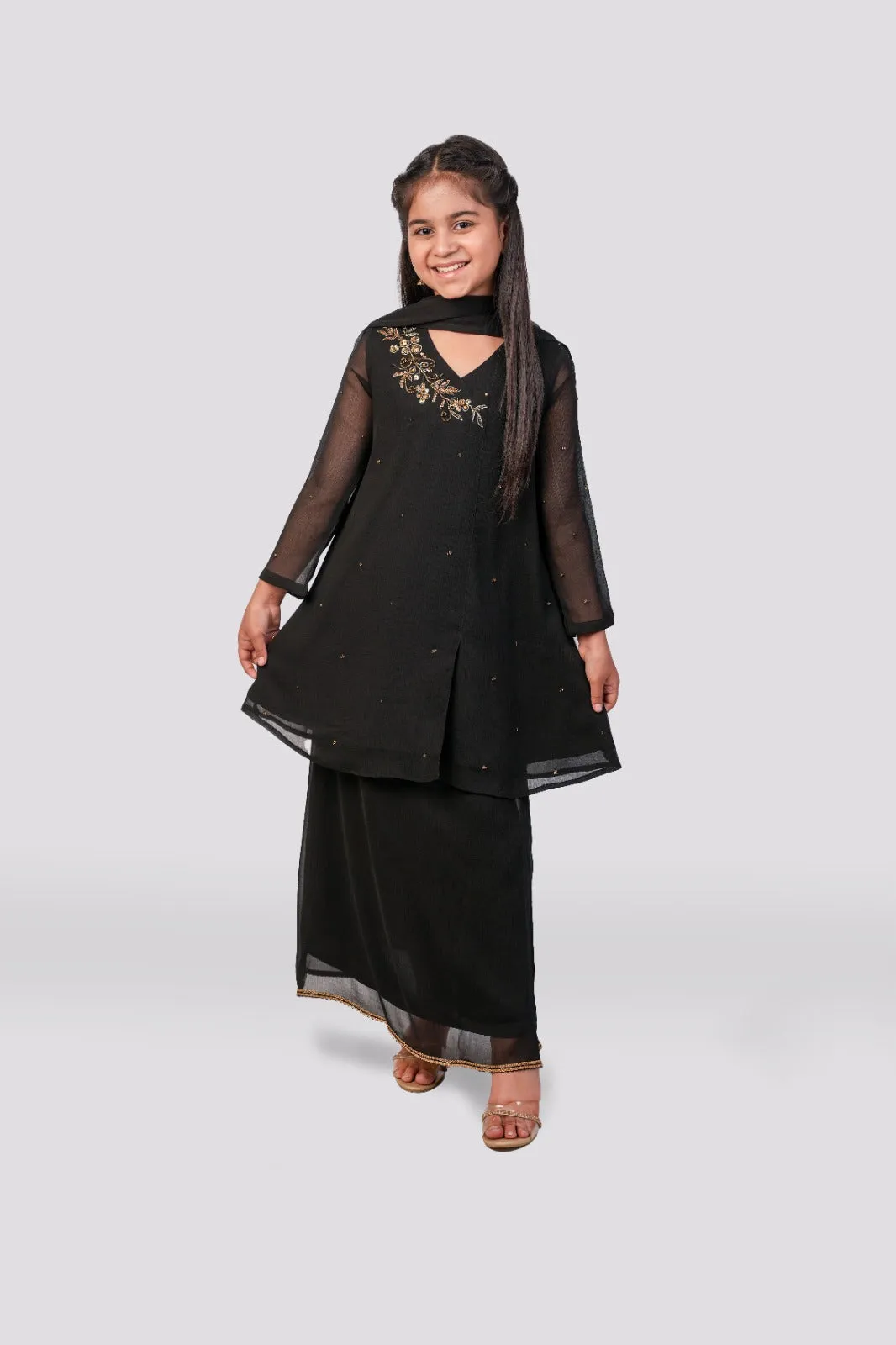 Timeless Noir - Black Angrakha Short Frock and Lengha 3-piece stitched