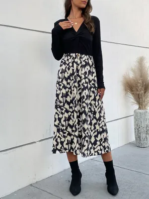 V-neck Midi Dress with Leopard Print and Long Sleeves