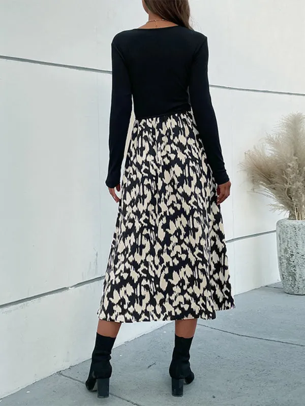 V-neck Midi Dress with Leopard Print and Long Sleeves