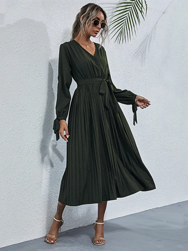 V-Neck Pleated Mid-Length Dress with Waist Tie and Hollow Straps