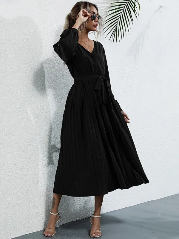 V-Neck Pleated Mid-Length Dress with Waist Tie and Hollow Straps